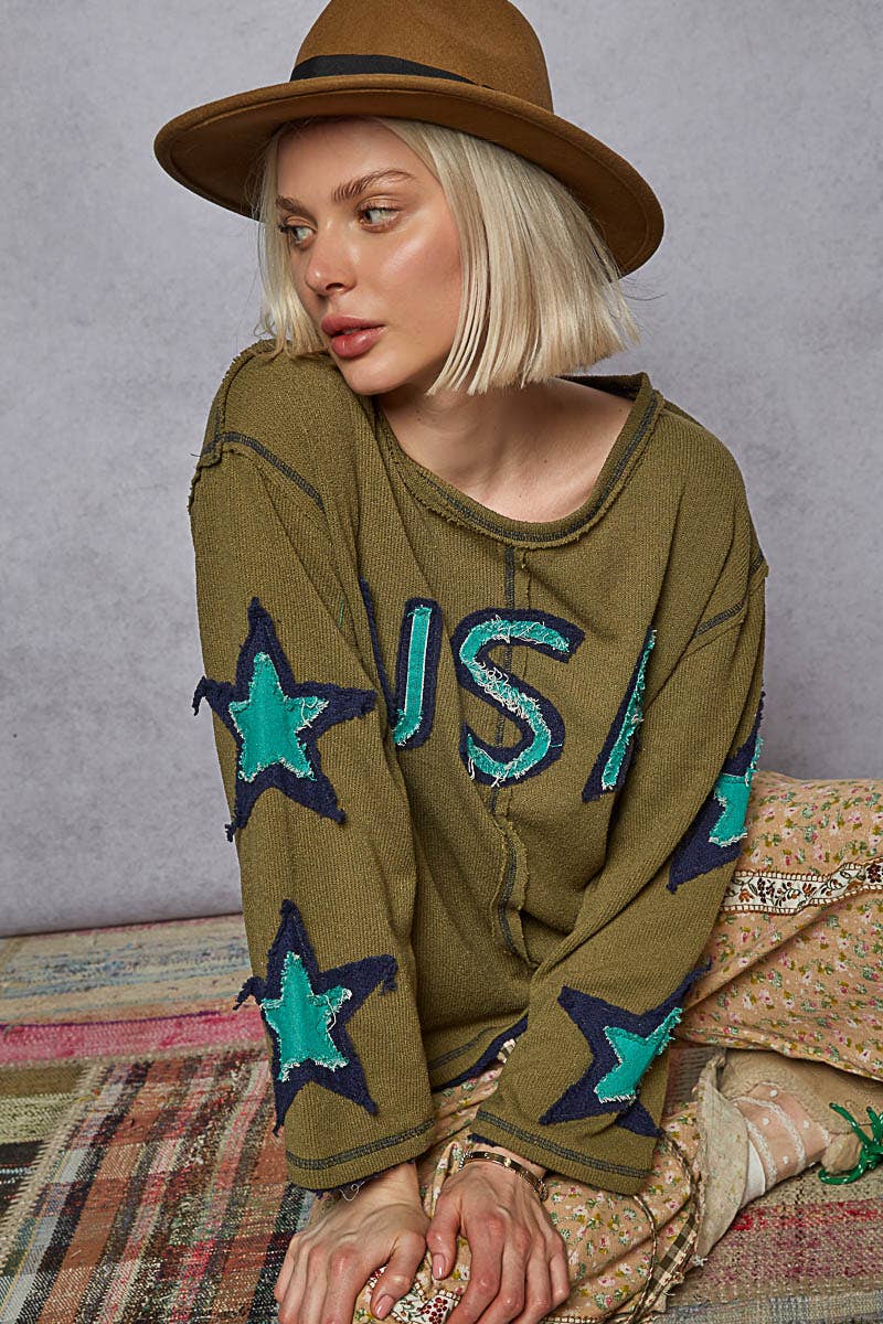 Round Neck Long Sleeve Olive USA Top
