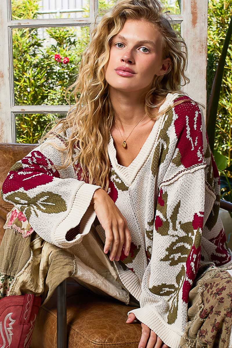 Long Sleeve Contrast Floral Sweater Top