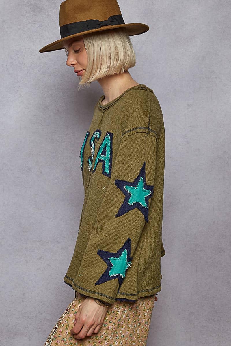 Round Neck Long Sleeve Olive USA Top