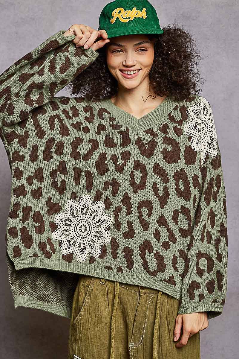 Crochet Sage Leopard Pattern Sweater Top