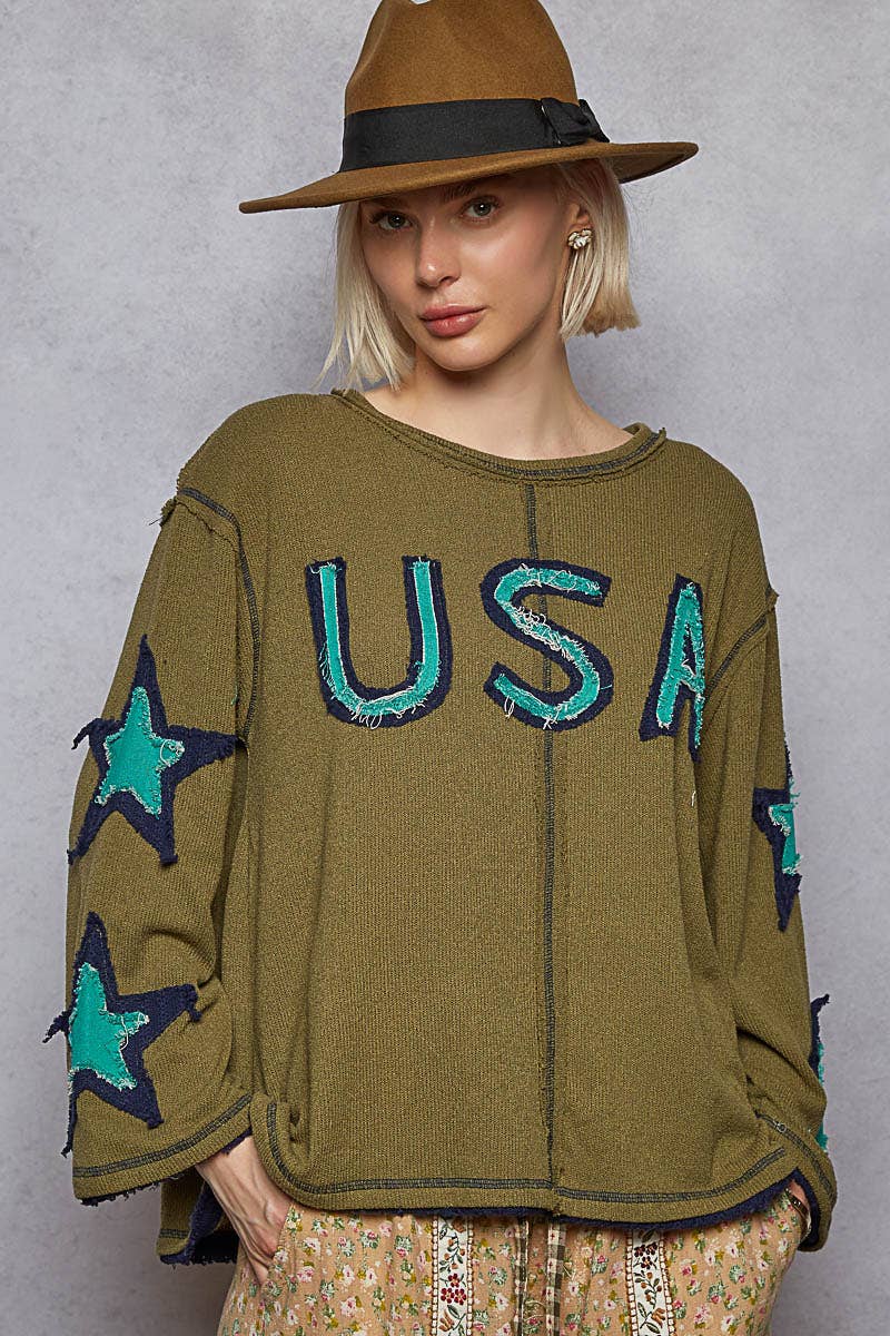 Round Neck Long Sleeve Olive USA Top