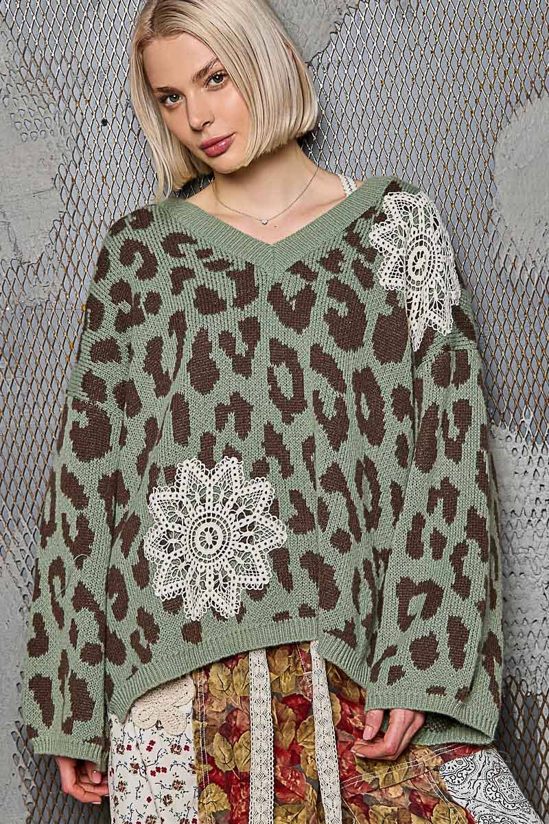 Crochet Sage Leopard Pattern Sweater Top