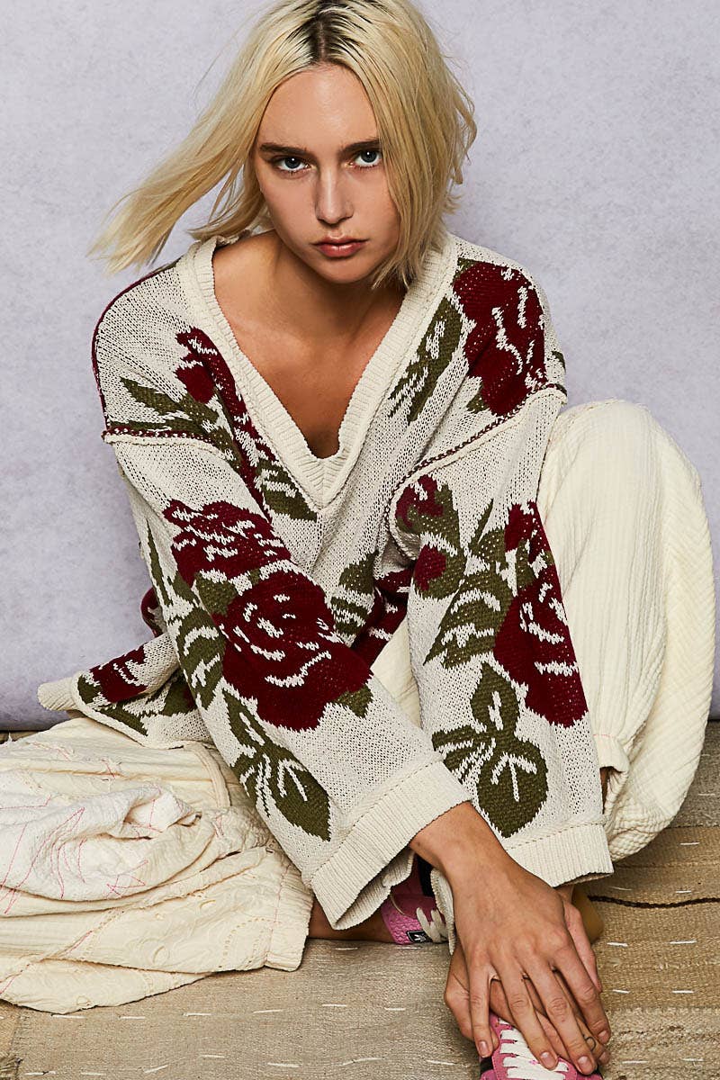 Long Sleeve Contrast Floral Sweater Top