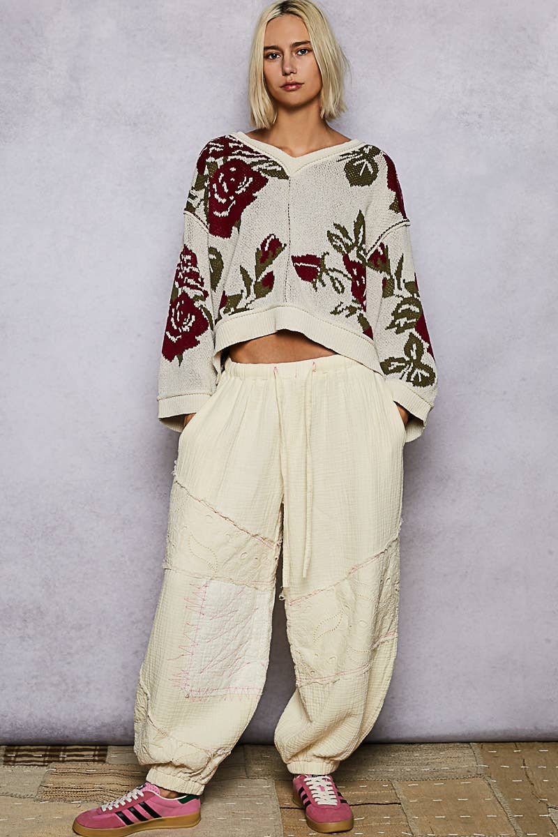 Long Sleeve Contrast Floral Sweater Top
