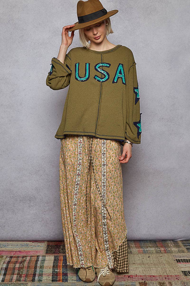 Round Neck Long Sleeve Olive USA Top