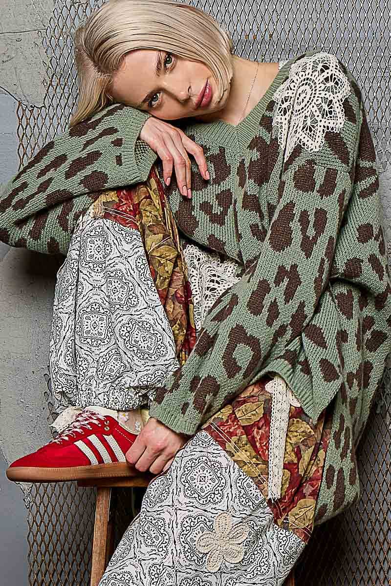 Crochet Sage Leopard Pattern Sweater Top