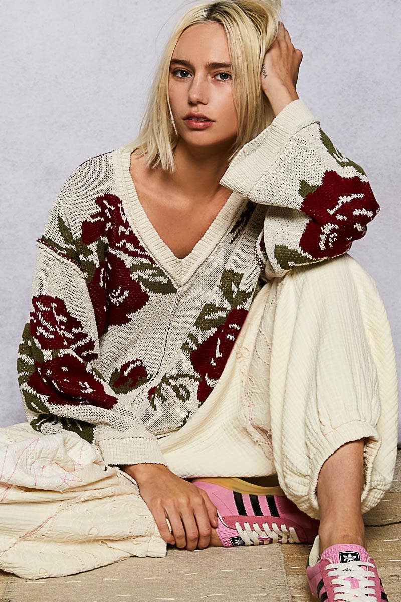 Long Sleeve Contrast Floral Sweater Top