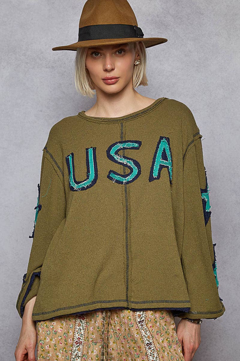 Round Neck Long Sleeve Olive USA Top