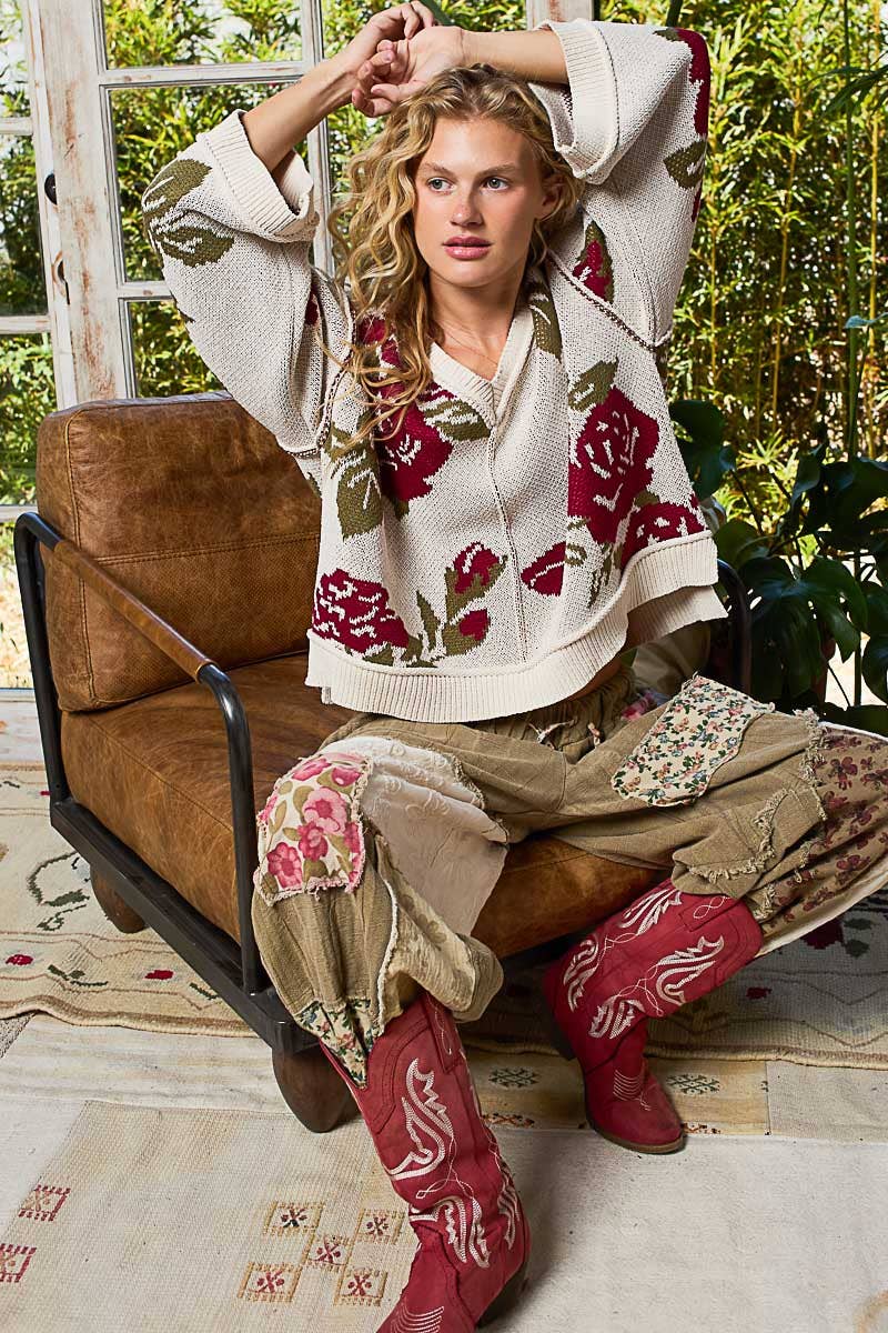 Long Sleeve Contrast Floral Sweater Top