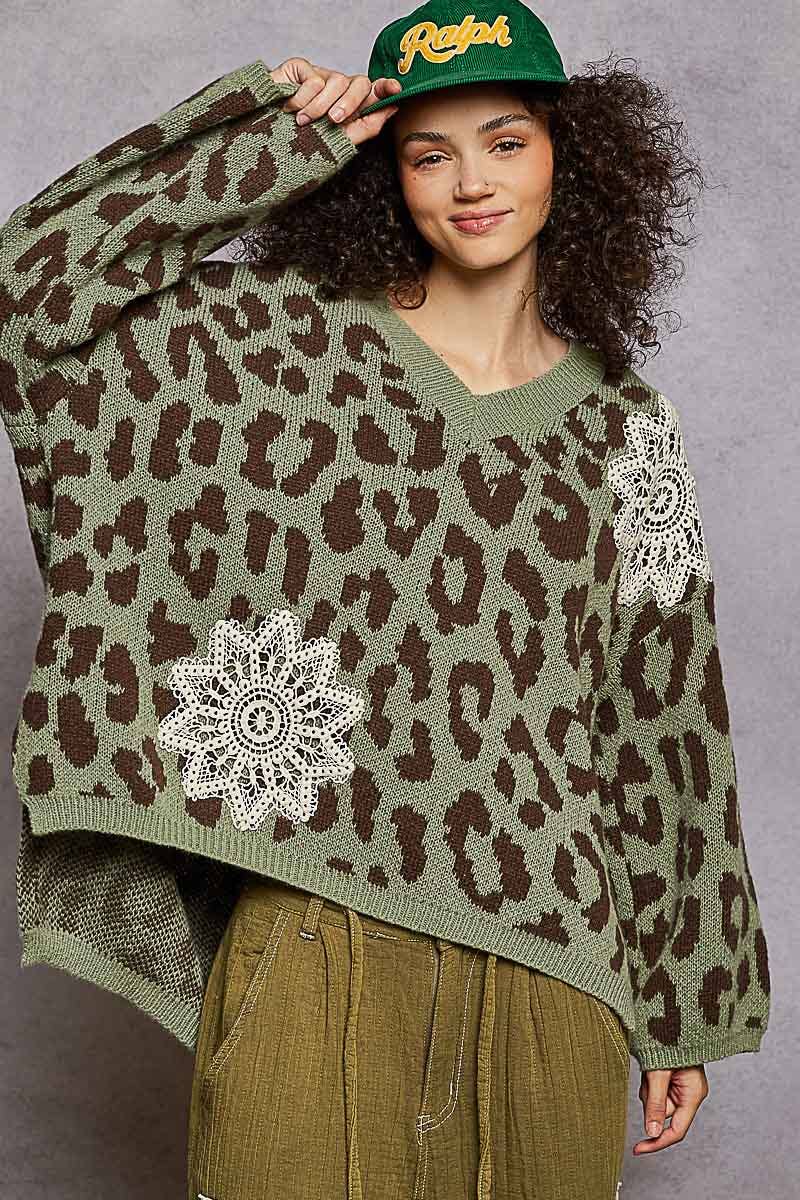 Crochet Sage Leopard Pattern Sweater Top