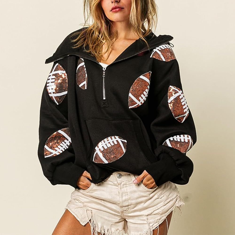 Sequin Football Zip-Up Pullover