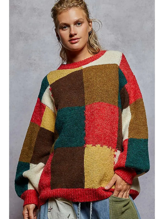 Multi Color Block Heart Stitch Sweater