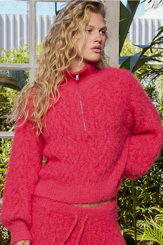 Pink Fuzzy Detailed Half Zip Sweater