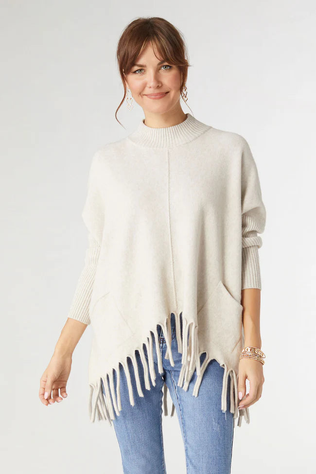 Heavenly-Luxe Flowy Mock Neck Fringe Sweater
