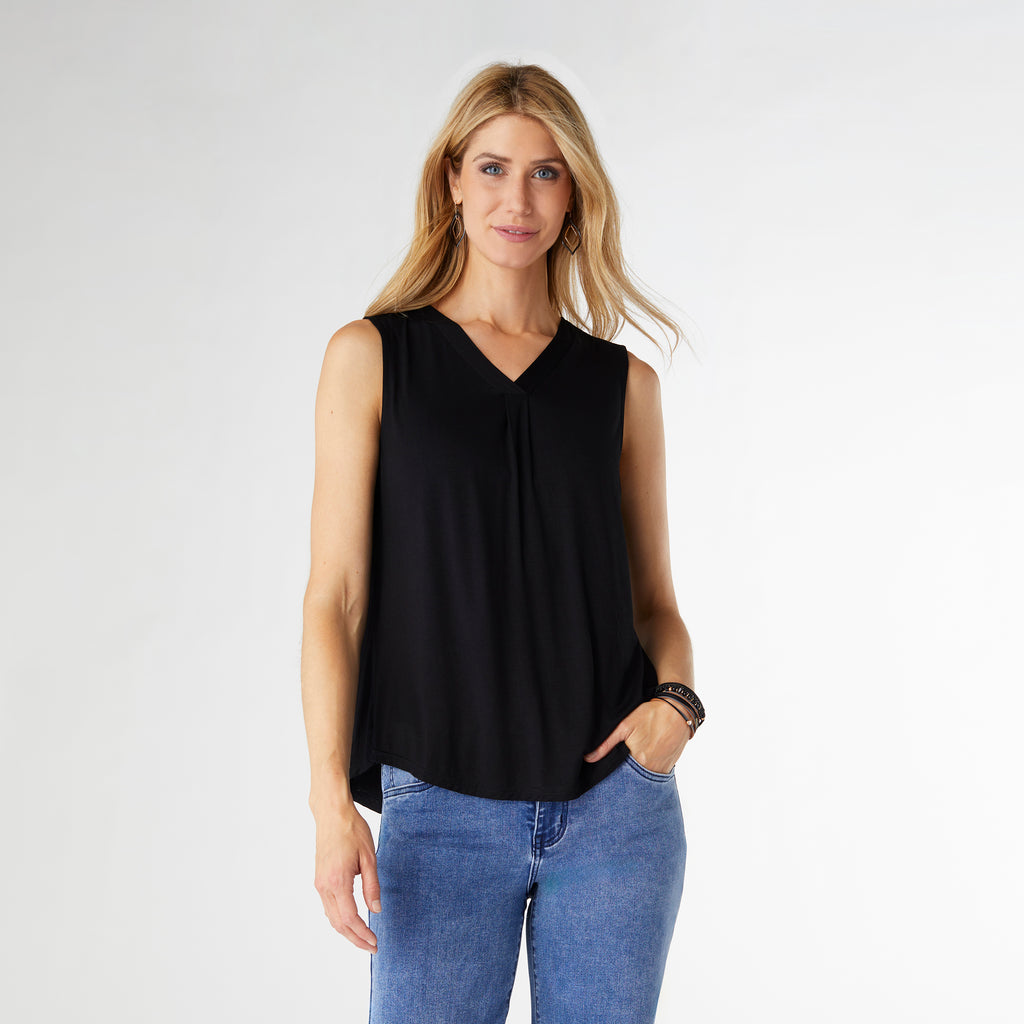 Pleat Black V-Neck Tank Top