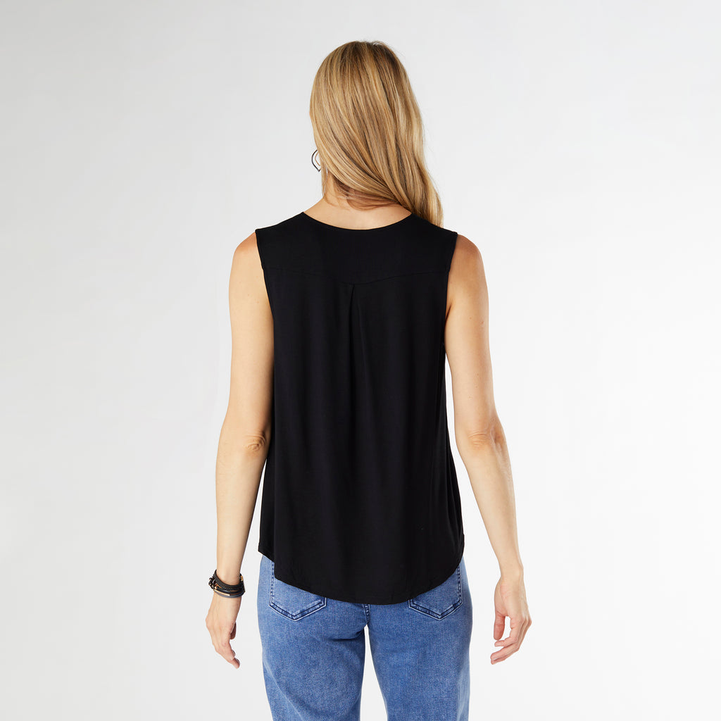 Pleat Black V-Neck Tank Top