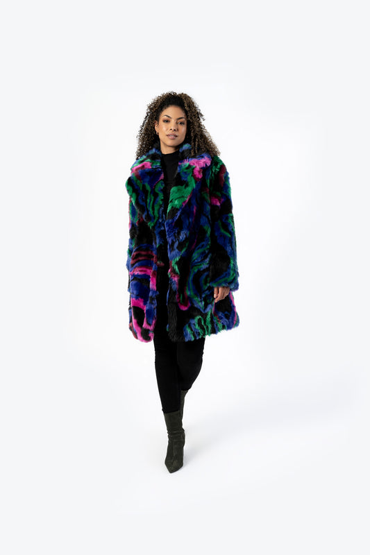 Colorful Indigo Swirl Fur Coat