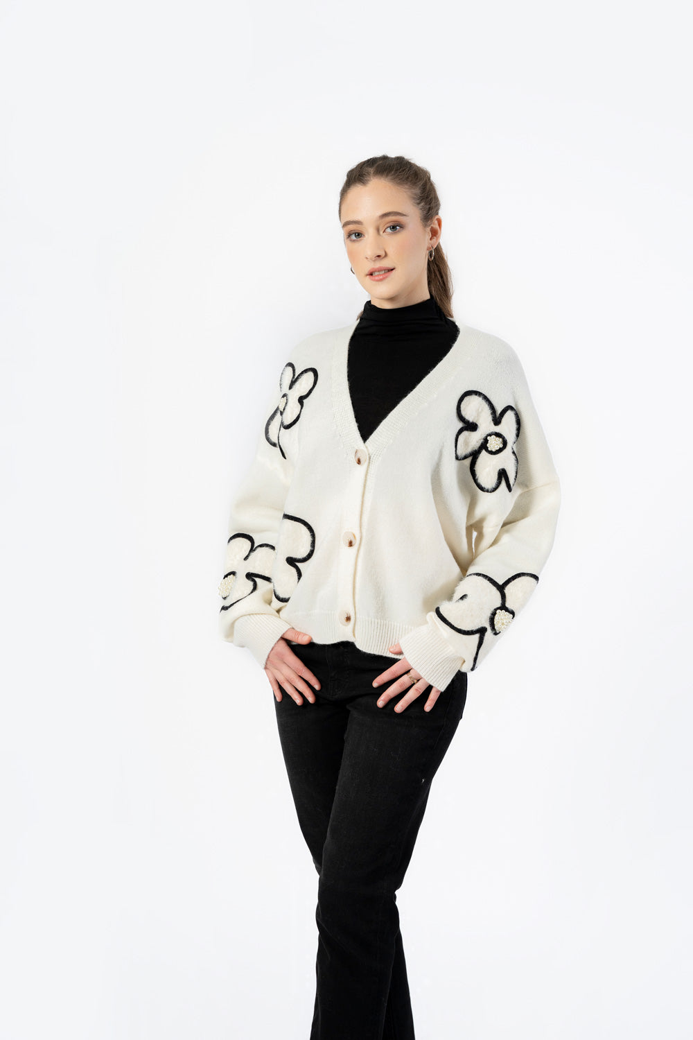 Cream Pearl Flower Button Cardigan