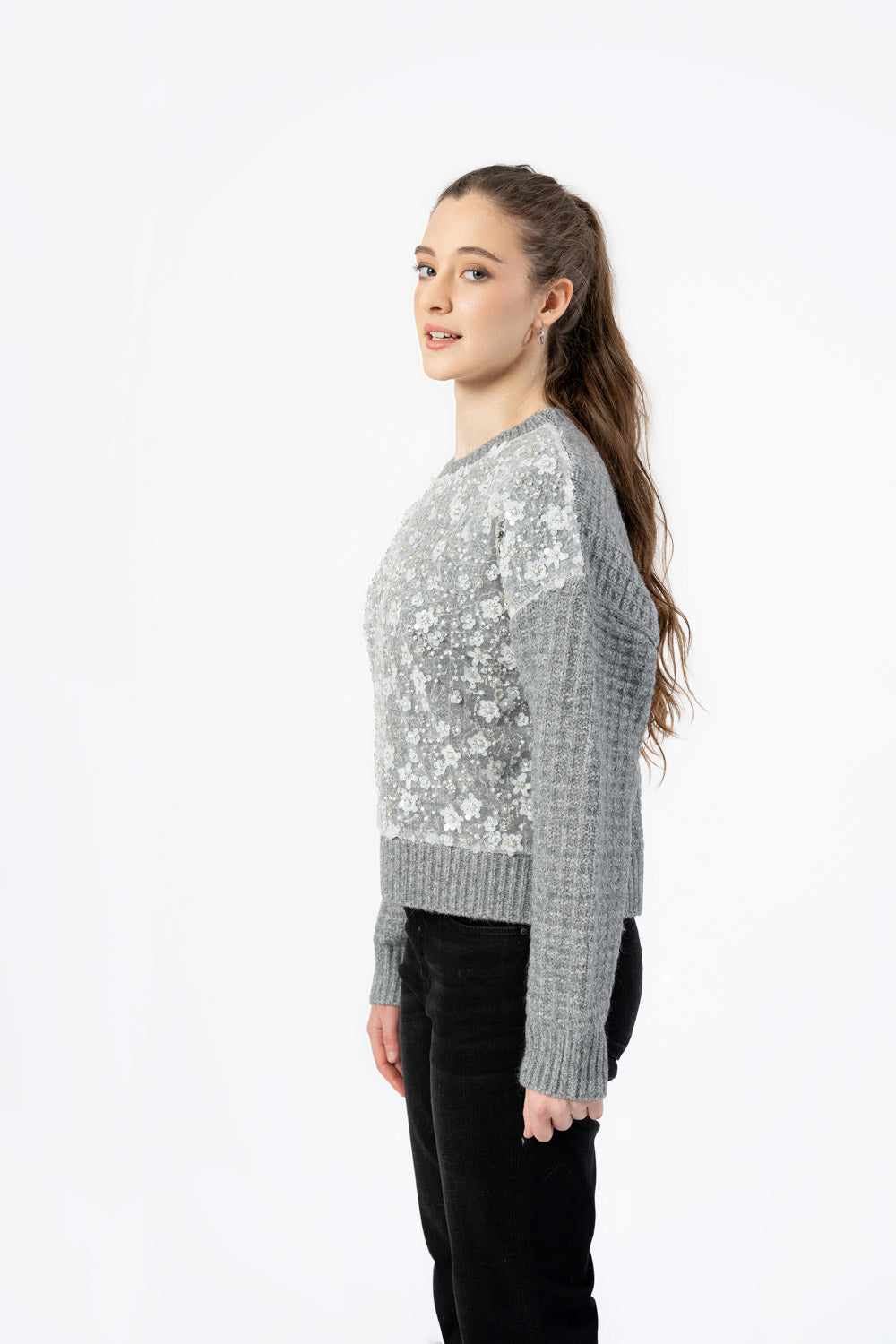 Grey Beaded Flower Sweater
