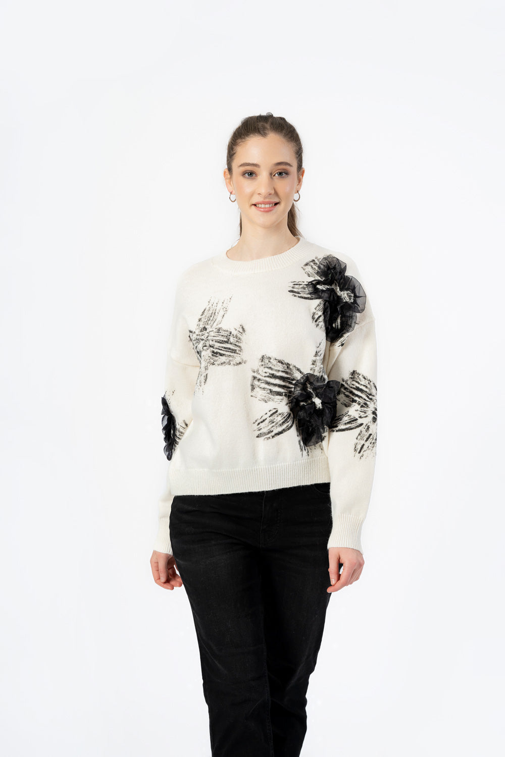 Cream Brushstroke Floral Sweater