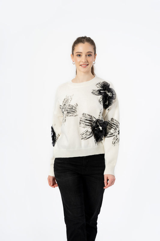 Cream Brushstroke Floral Sweater