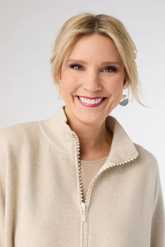 Heavenly-Luxe Rhinestone Zip Front Cardigan with Pockets