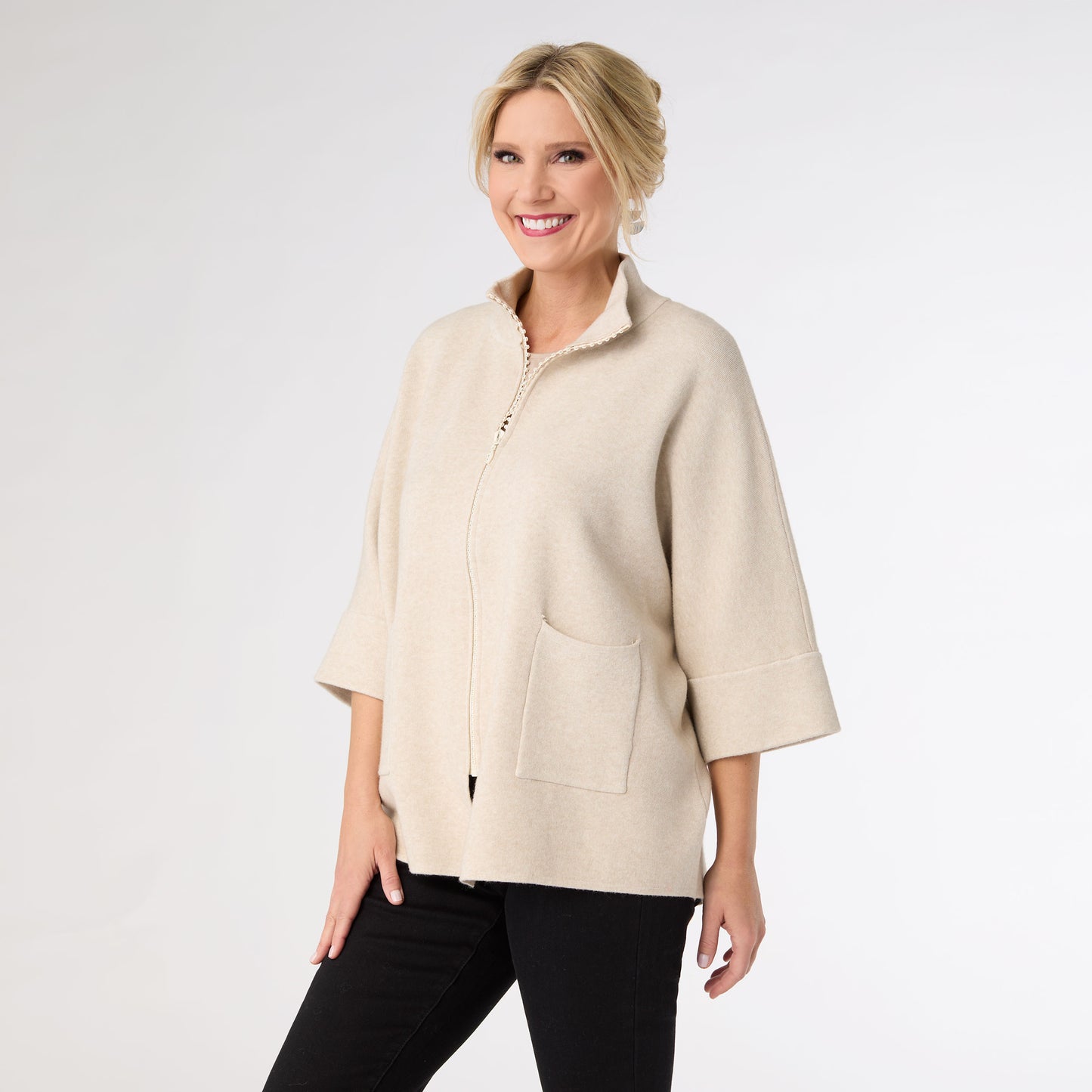 Heavenly-Luxe Rhinestone Zip Front Cardigan with Pockets