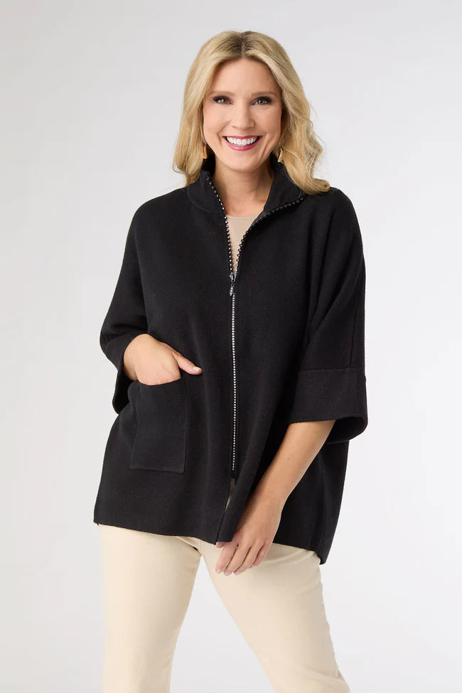 Heavenly-Luxe Rhinestone Zip Front Cardigan with Pockets