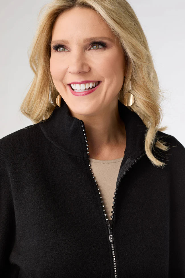 Heavenly-Luxe Rhinestone Zip Front Cardigan with Pockets