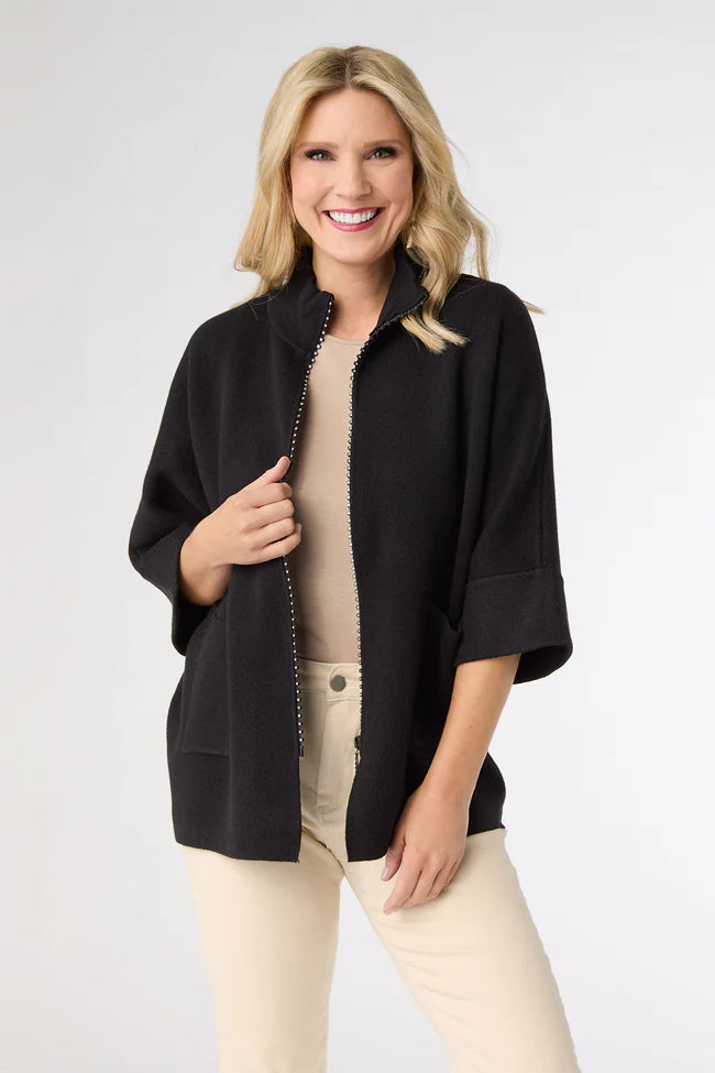Heavenly-Luxe Rhinestone Zip Front Cardigan with Pockets