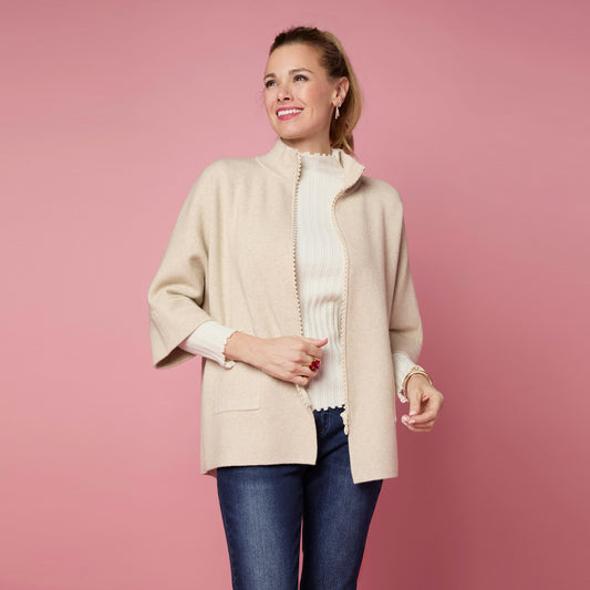 Heavenly-Luxe Rhinestone Zip Front Cardigan with Pockets