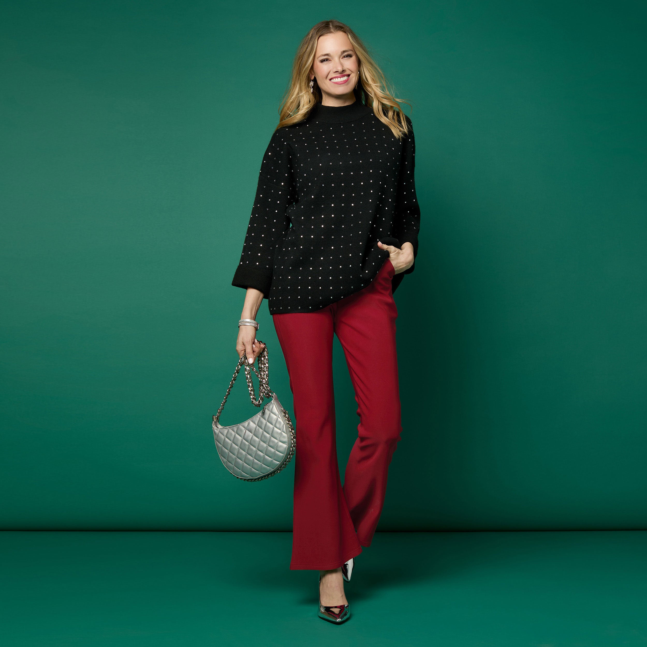 Heavenly-Luxe Mock Neck Rhinestone Sweater