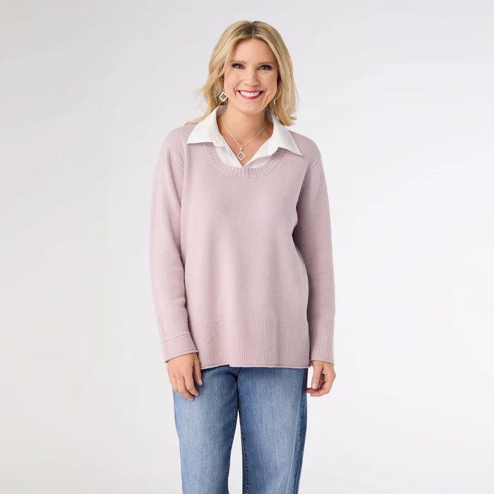 Heavenly-Luxe Crew Neck Sweater with Woven Collar