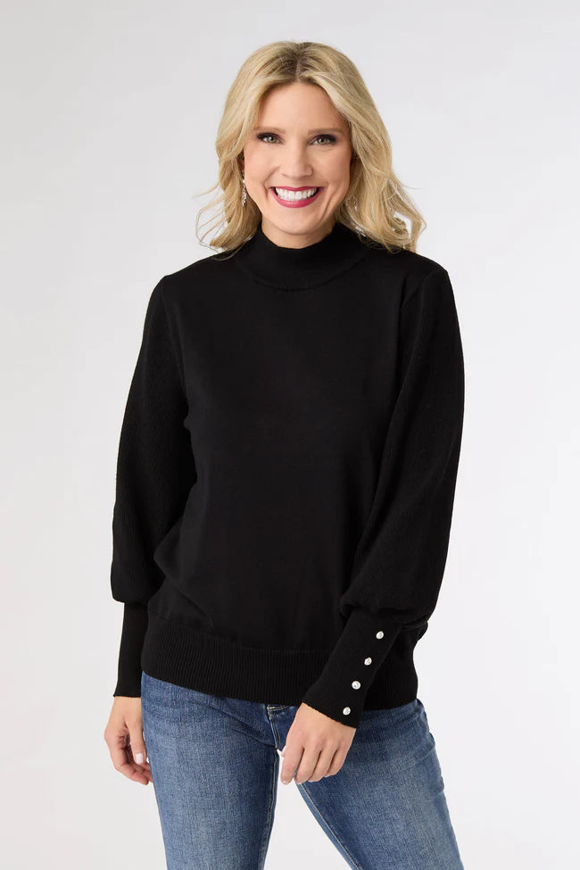 Skylah Mock Neck Sweater with Pearl Button Cuff