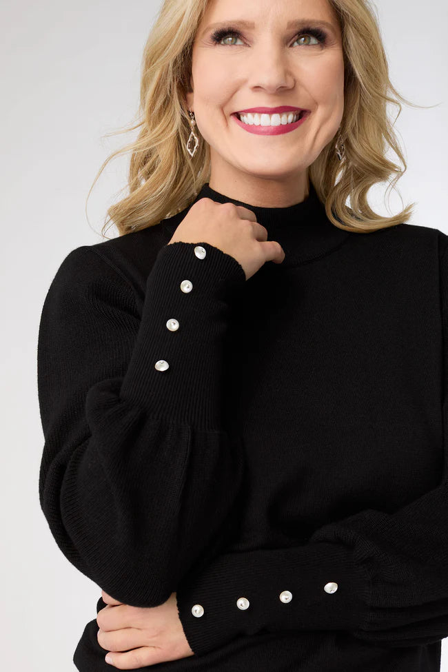 Skylah Mock Neck Sweater with Pearl Button Cuff