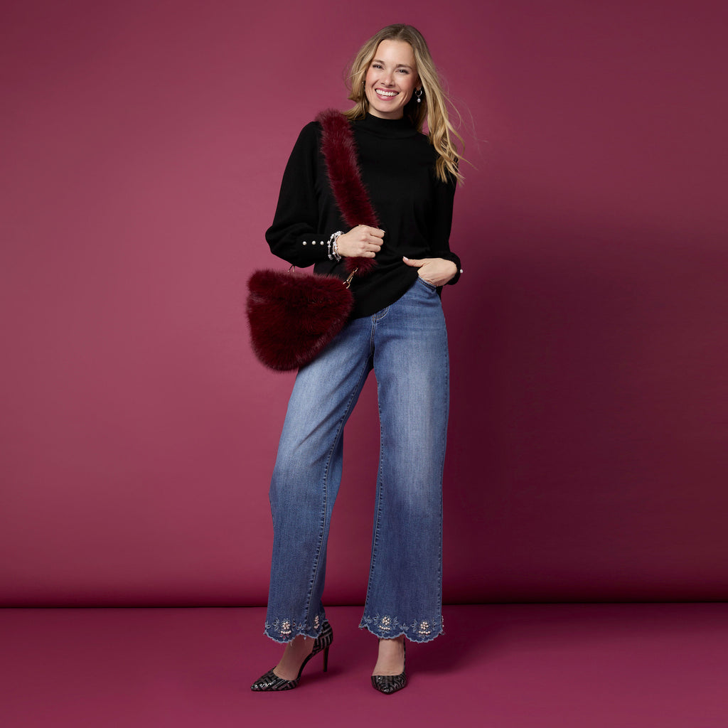 Skylah Mock Neck Sweater with Pearl Button Cuff