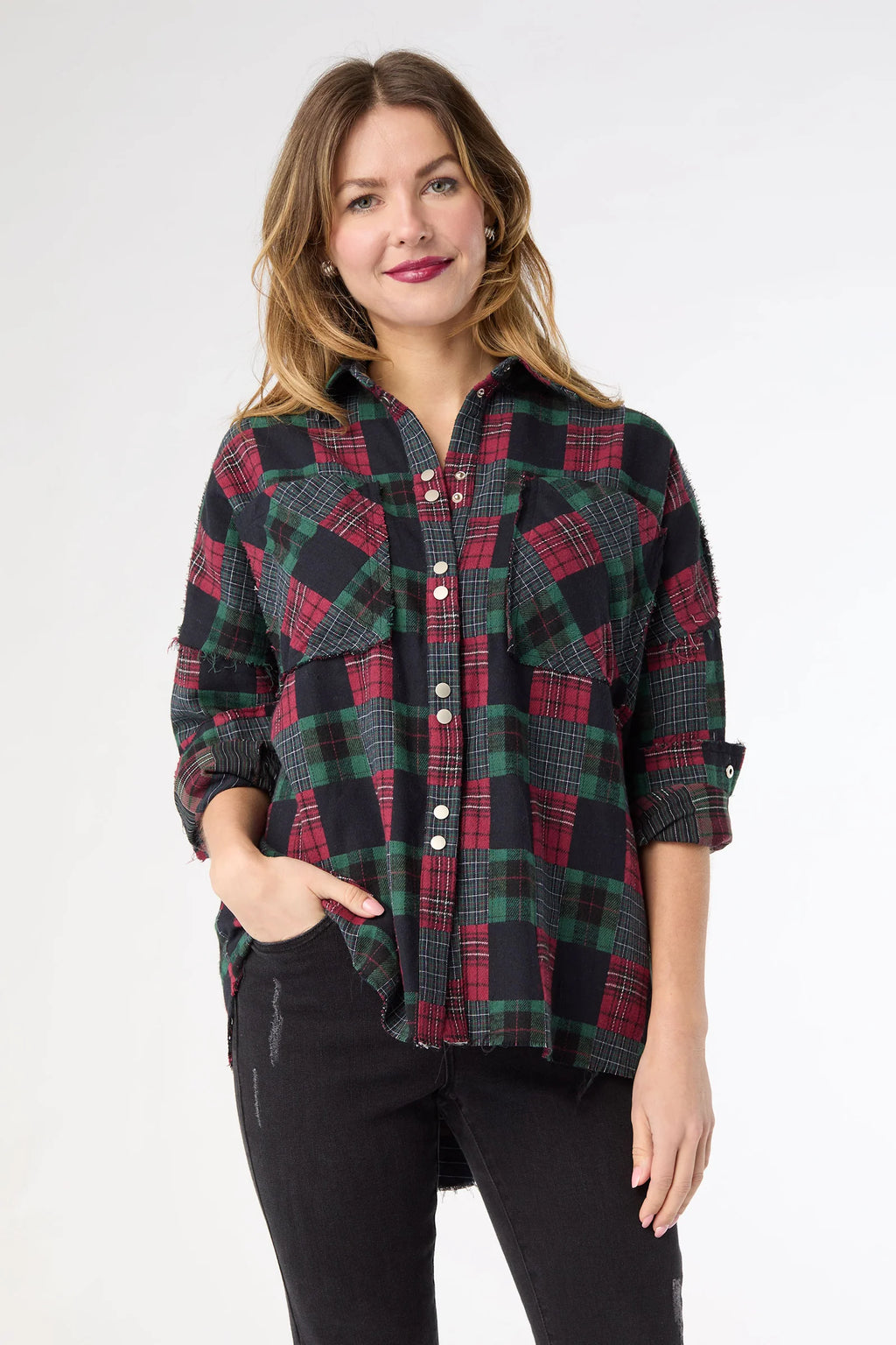 Lizzi Raw Trim Pieced Flannel Top