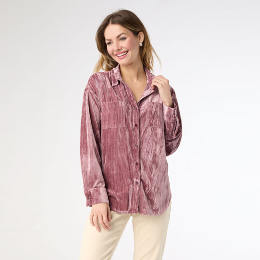 Avyanna Crinkle Velour Button Front Top
