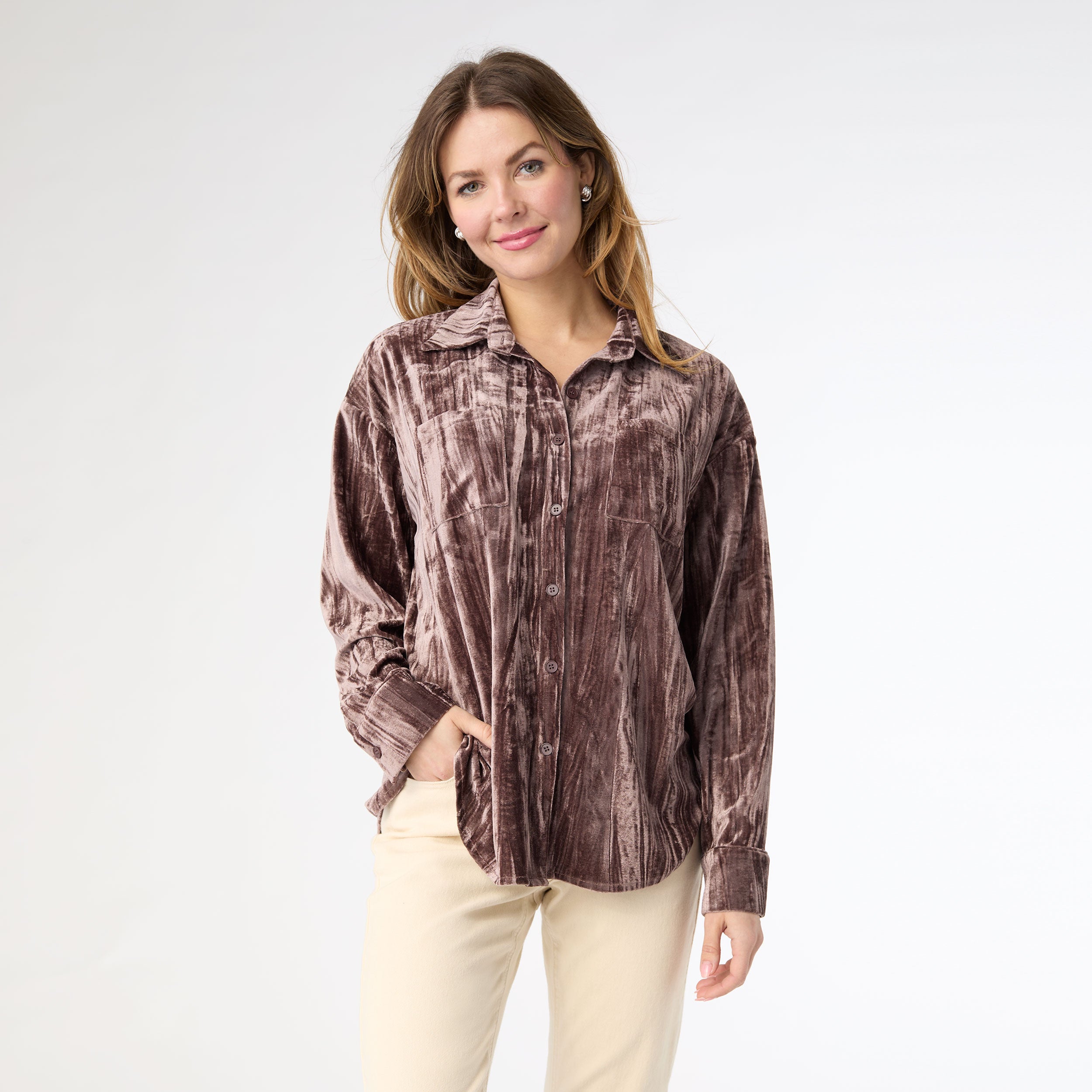 Avyanna Crinkle Velour Button Front Top