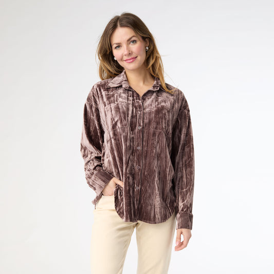 Avyanna Crinkle Velour Button Front Top