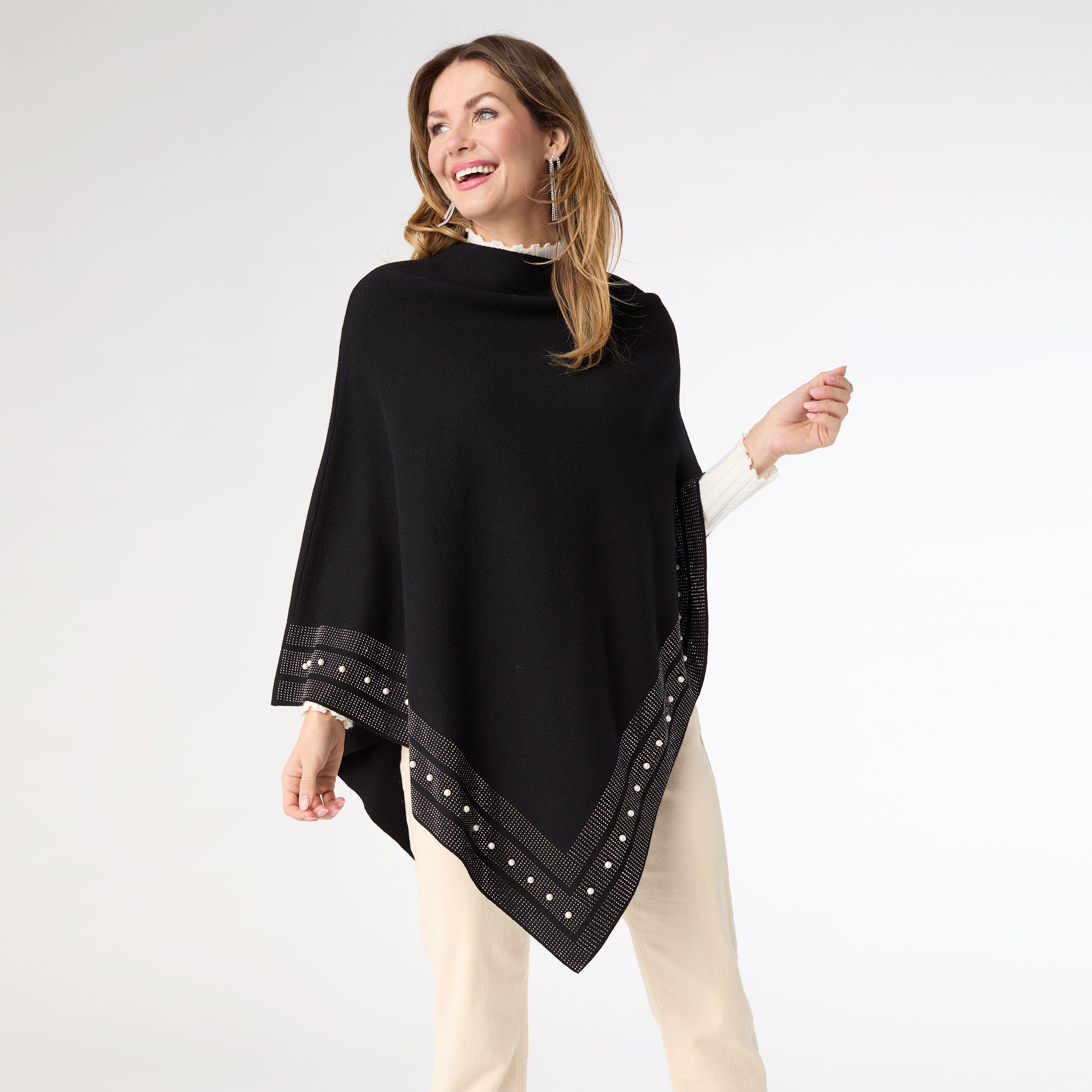 Liora Poncho W Rhinestone And Pearl Trim