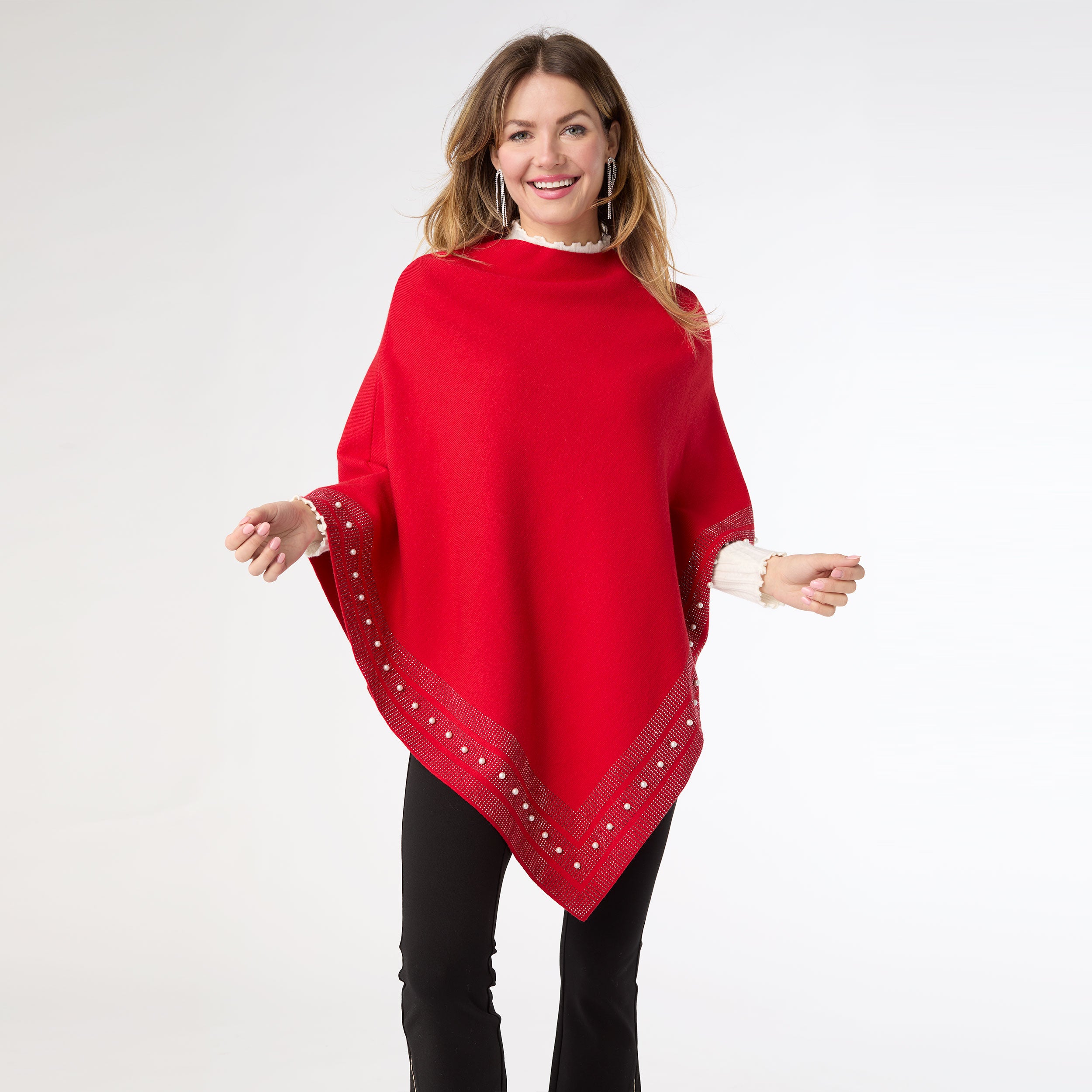 Liora Poncho W Rhinestone And Pearl Trim