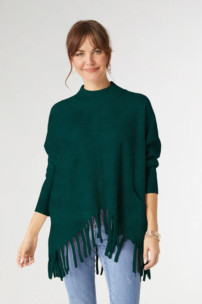 Heavenly-Luxe Flowy Mock Neck Fringe Sweater