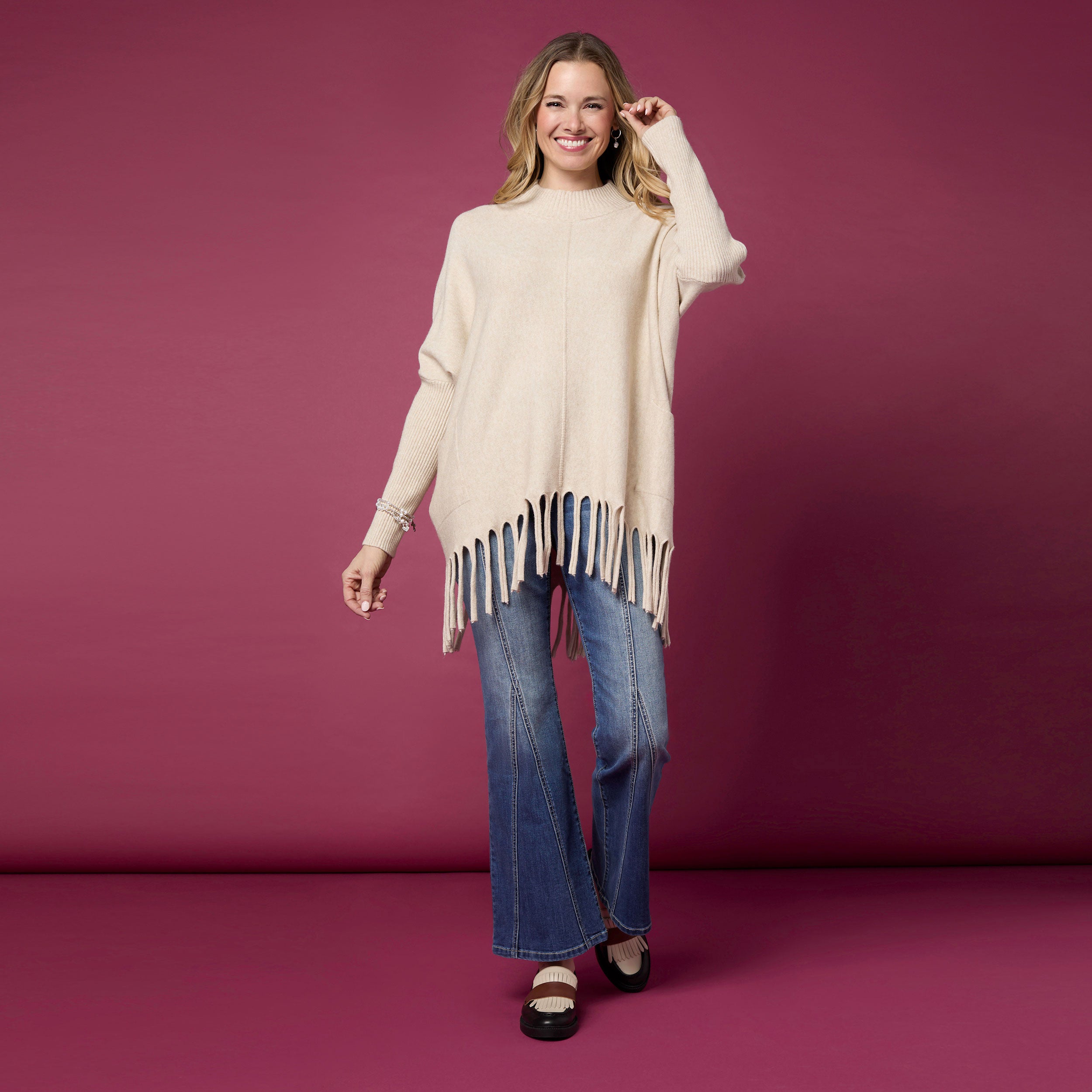 Heavenly-Luxe Flowy Mock Neck Fringe Sweater