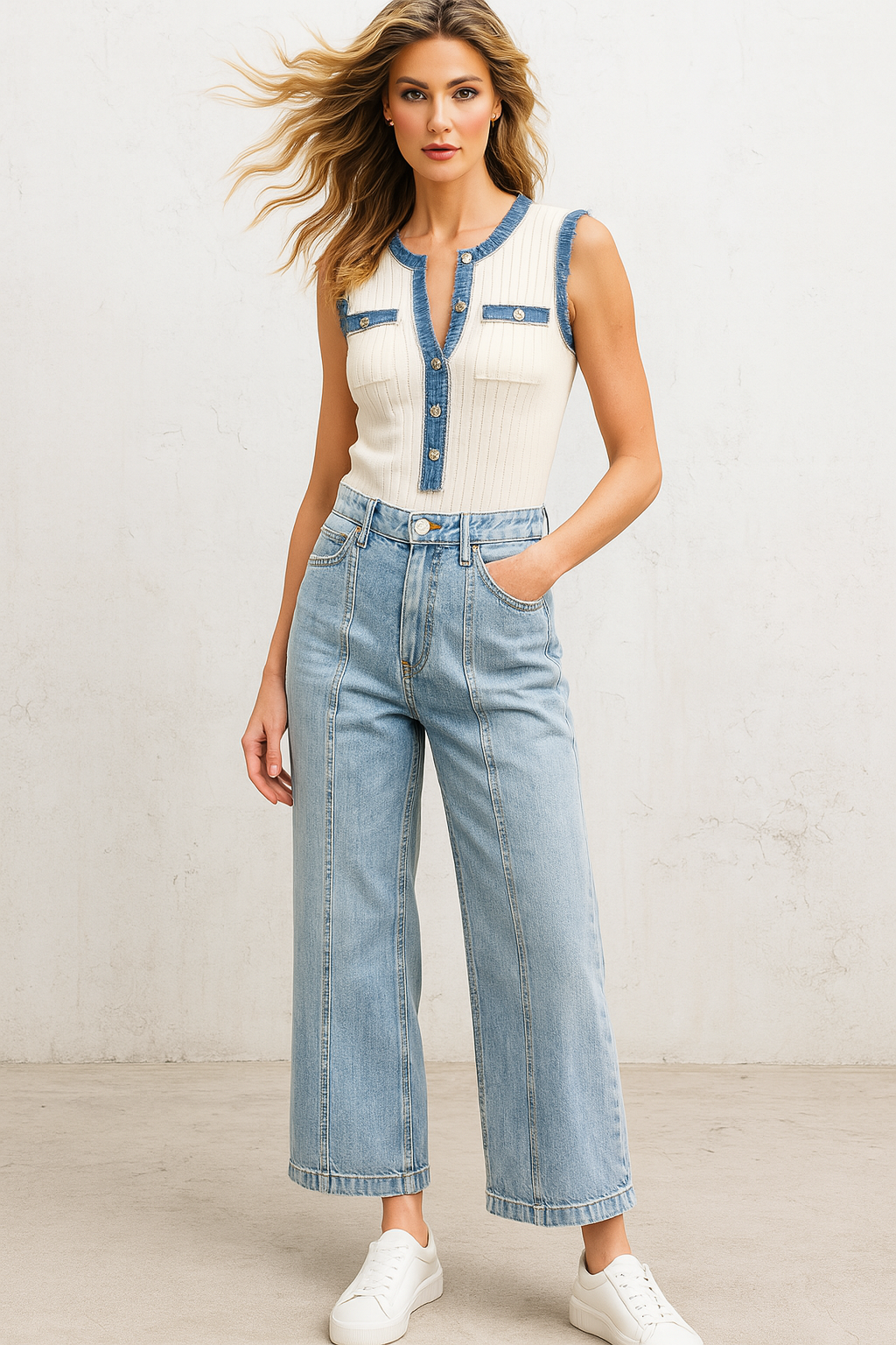 Knit Top With Denim Trim