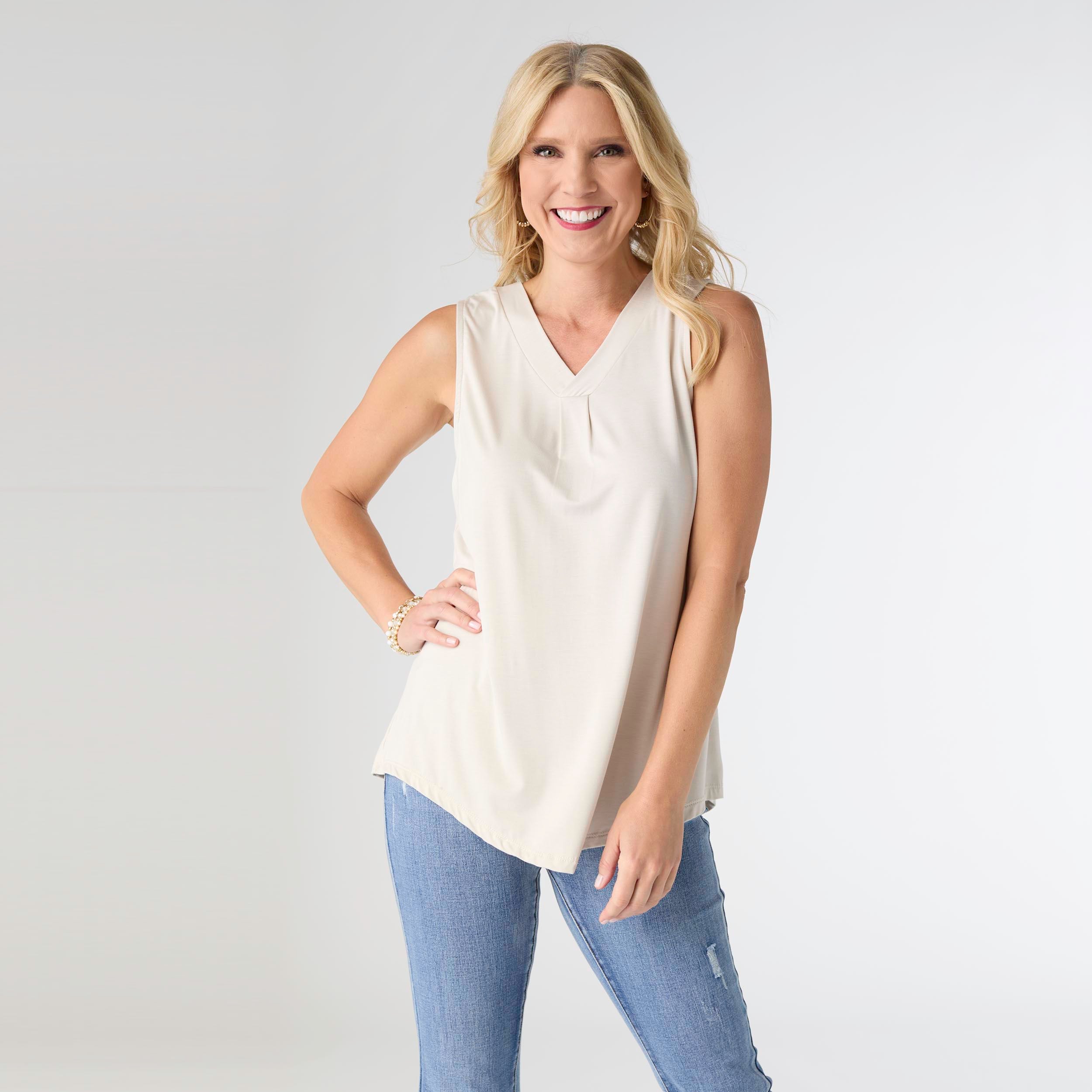 Pleat Cloud Dancer V-Neck Tank Top