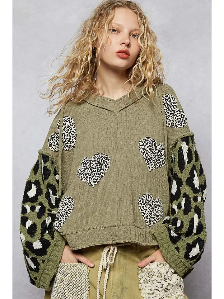 Green Wide Sleeve Leopard Heart Sweater