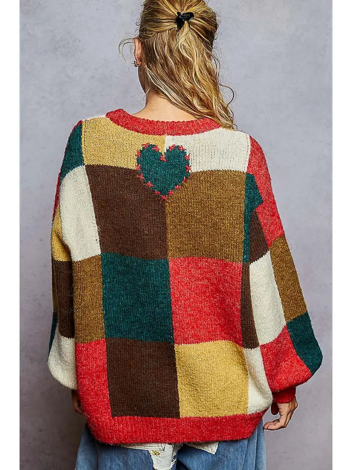 Multi Color Block Heart Stitch Sweater