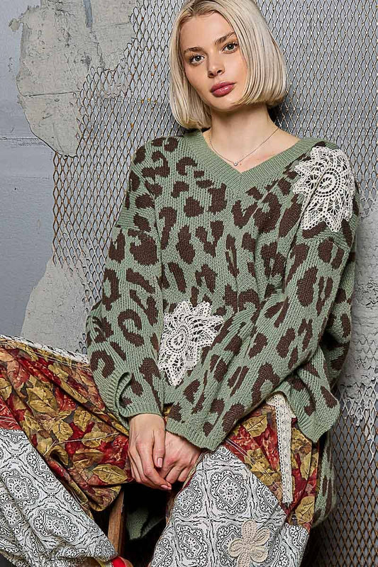 Crochet Sage Leopard Pattern Sweater Top