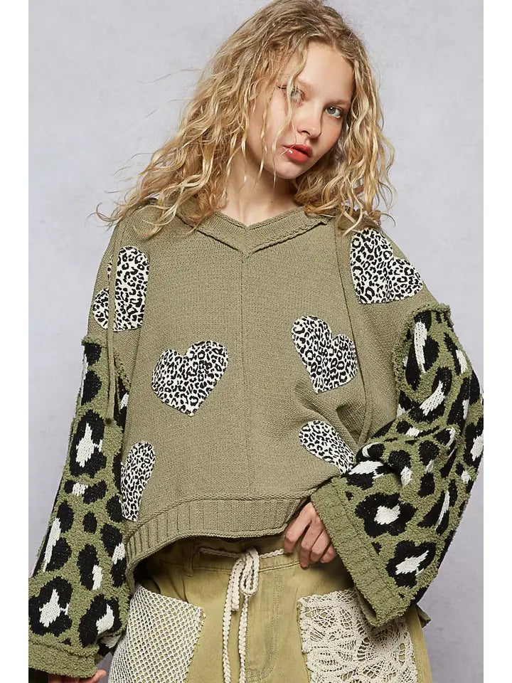 Green Wide Sleeve Leopard Heart Sweater